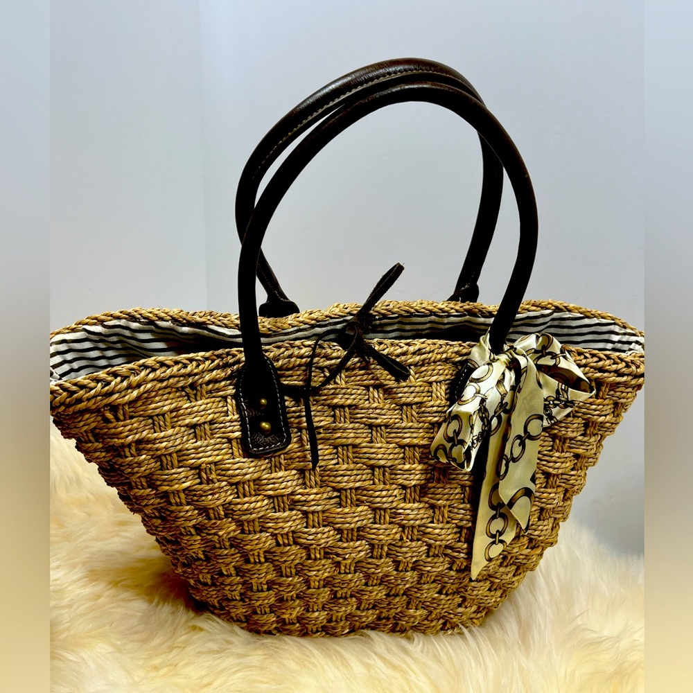 JCrew Woven Sawgrass Tote Leather Handles Trim Top Tie with Leather Cording